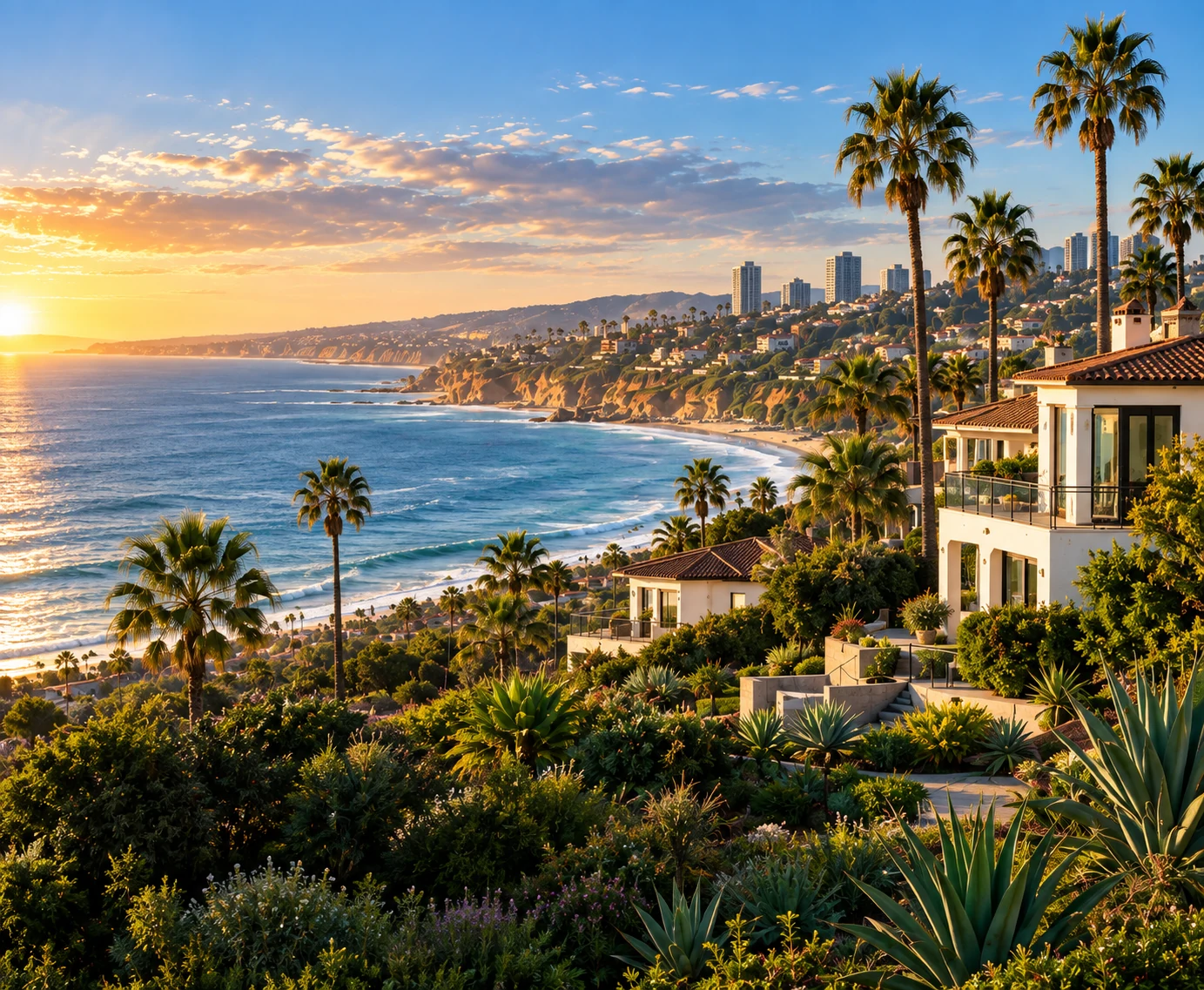 Illustrative coastal California homes and palm trees